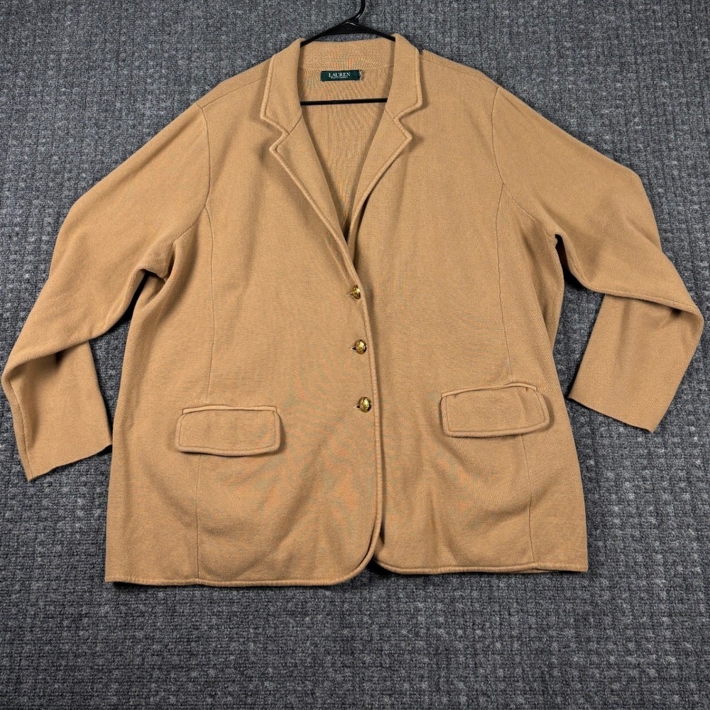 Lauren Ralph Lauren Knit Blazer Gold Crest Button Cardigan Jacket Tan XL